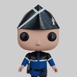May include: A black and white pop vinyl figure of a police officer wearing a blue uniform with a black belt and a black hat with a white stripe. The figure is holding a black radio in its right hand.