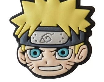 May include: A yellow-haired anime character with a black headband and a blue eye. The character has a light brown face and a white smile.