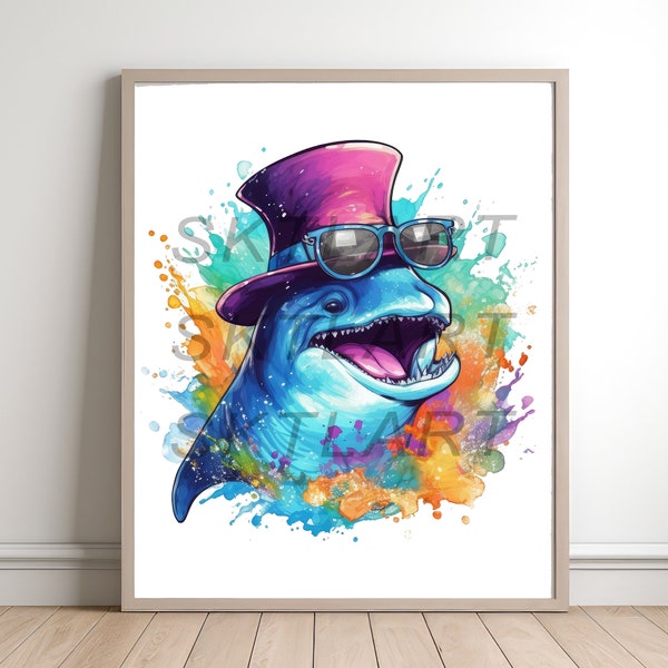 Dolphins Wearing Sunglasses Clipart, 4 High Quality PNG, Card Making, Clip Art,Digital Paper Craft, Watercolour Painting