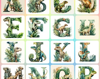 36枚のJPG、遊び心のある水彩画の恐竜とジャングルの葉、アルファベットA～Z、数字0～9、コレクションクリップアート、デジタルダウンロード