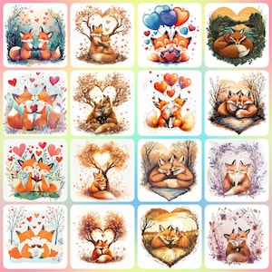 36 renards JPG de haute qualité - clipart forêt en forme de coeur, téléchargement numérique, fabrication de cartes, créations numériques en papier