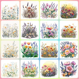 36 Wildflower Flowerbed Clipart, Wild Flowers, Printable Watercolor clipart, High Quality JPGs, Digital download, Paper craft, journal