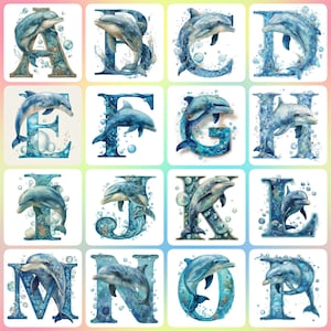 36 JPGs, golfinhos em aquarela e bolhas do oceano, alfabeto de A a Z, números de 0 a 9, coleção de clipart, clipart do alfabeto, download digital