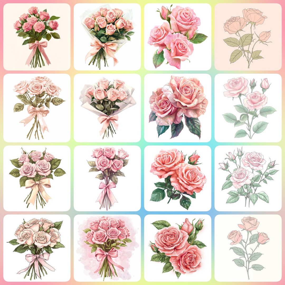 36 Pink Roses Clipart, Roses Bouquet, Printable Watercolor Clipart ...