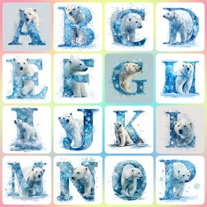 36 JPGs, watercolor Polar Bear and Snowflakes, Icy Blue Tones, Alphabet A to Z, Number 0 to 9, Alphabet Clipart, Digital Download