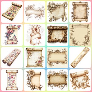 36 vintage scroll clipart, bloemen oud papier, hoge kwaliteit jpg&#39;s, afdrukbare aquarel clipart, digitale download, papercraft, journaling