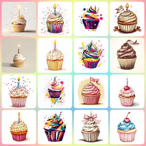 32 JPGs High Quality Birthday Cupcake Clipart , Memory Book, Junk Journals, Scrapbooks, Digital Planners, Commercial Use, Sublimation