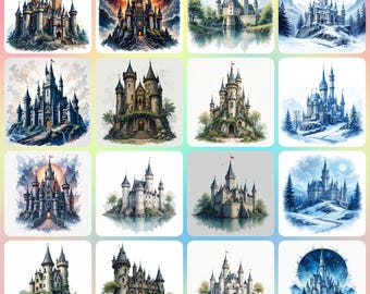 40 Medieval Castle Landscape Clipart, Printable Watercolor clipart, High Quality JPGs, Digital download, Paper craft, Junk Journals