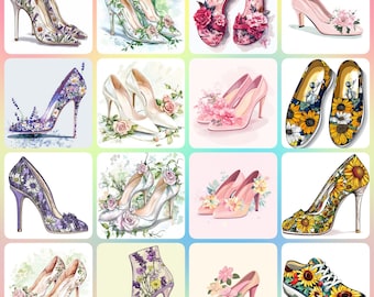 36 imágenes prediseñadas de zapatos de fiesta florales, imágenes prediseñadas de tacones altos, imágenes prediseñadas digitales, imágenes prediseñadas de acuarela, imágenes prediseñadas imprimibles, descarga digital, manualidades de papel