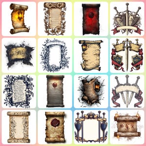 28 middeleeuwse scroll clipart, vintage scroll, hoge kwaliteit jpg&#39;s, afdrukbare aquarel clipart, digitale download, papier ambacht, ongewenste tijdschriften