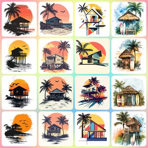 32 JPGs  High Quality Designs of Beach Chalets Clip Art - Digital Print, Watercolour, Wall Art, Commercial Use - Digital Download