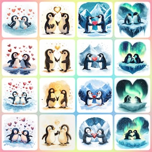 36 imágenes prediseñadas de parejas de pingüinos de San Valentín en formato JPG de alta calidad, descarga digital, creación de tarjetas, manualidades con papel digital