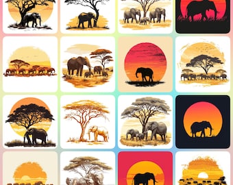 32 JPG di alta qualità con disegni di elefanti del Serengeti, clip art - stampa digitale, acquerello, arte murale, uso commerciale - download digitale