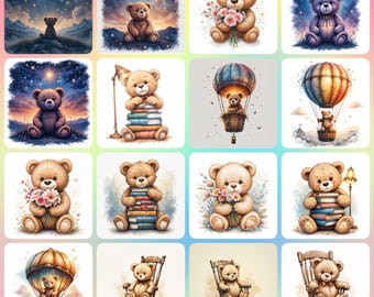 36 Kinderzimmer Teddybär Clipart, druckbare Aquarell Clipart, hochwertige JPG, digitaler Download, Papiermodell, Junk Journal