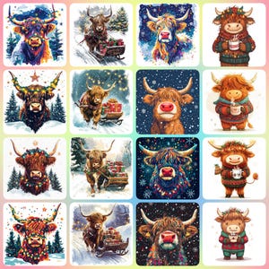 36 HIGH Resolution JPGs Christmas Highland Cow Clipart, Digital Paper Crafting, Digital Planner, Apparel, Watercolor, Digital Download