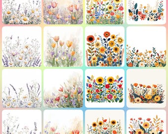 Clipart de bordure de fleurs sauvages, aquarelle florale, journal indésirable (téléchargement numérique)