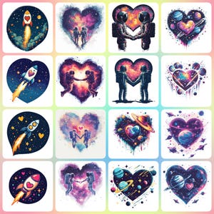 40 High Quality JPG Valentine&#39;s Day Space, Heart-Shaped Planet clipart, Digital Download, Card Making, Digital Paper Craft