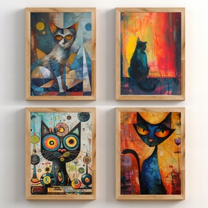 Obraz olejny z kotem atomowym z połowy XX wieku, sztuka ścienna w stylu retro, grafika z kotem inspirowana stylem vintage, unikatowy wystrój domu w stylu mid-century modern, fantazyjna sztuka z kotem
