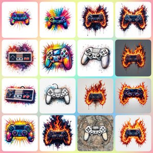 Op de afbeelding: Een verzameling kleurrijke digitale kunstwerken met verschillende gamecontrollers. Sommige controllers zijn afgebeeld met levendige regenboogkleuren, terwijl andere in vlammen gehuld zijn, wat een dynamisch en energiek visueel thema creëert. De kunststijl is illustratief.