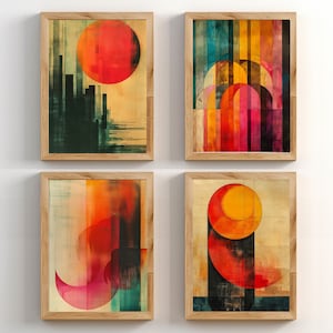 May include: Set of four abstract art prints in wooden frames. Each print features a different geometric design with a color palette of red, orange, yellow, blue, green, and black.
