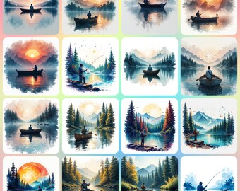 40 Man Fishing Clipart, Boat Fishing Landscape, Printable Watercolor clipart, High Quality JPGs, Digital download, Paper craft, Junk Journal