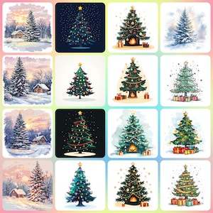 36 Christmas Trees Clipart, Christmas Landscape, Printable Watercolor clipart, High Quality JPG, Digital download, Paper craft, junk journal