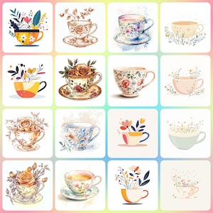 36 Floral Tea Cup Clipart, Floral Tea Set, Printable Watercolor clipart, High Quality JPGs, Digital download, Paper craft, junk journals