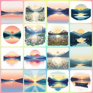 36 Lake Landscape Clipart, Lake Sunrise, Printable Watercolor clipart, High Quality JPGs, Digital download, High Resolution, Paper craft