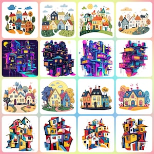 40 JPGs High Quality Landscape Designs of Colourful Houses - Digital Print, Watercolour, Wall Art, Commercial Use - Digital Download