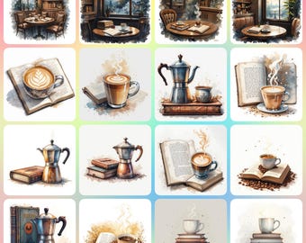 40 Coffee And Book Clipart, Coffee Clipart, Printable Watercolor clipart, High Quality JPGs, Digital download, Paper craft, junk journals