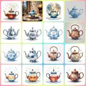 36 vintertekanna Clipart, snöflingor Tekanna, utskrivbara akvarell clipart, högkvalitativa JPG-bilder, digital nedladdning, papperspyssel, skräpjournaler