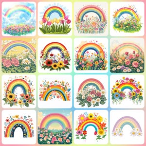 36 imágenes prediseñadas de arcoíris variados, arcoíris infantil en flores, imágenes prediseñadas de acuarela imprimibles, PNG de alta calidad, descarga digital, manualidades de papel