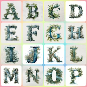 36 JPGs, Watercolour snowflakes, winter forest , Alphabet A to Z, Number 0 to 9, Collection Clipart, Alphabet Clipart, Digital Download