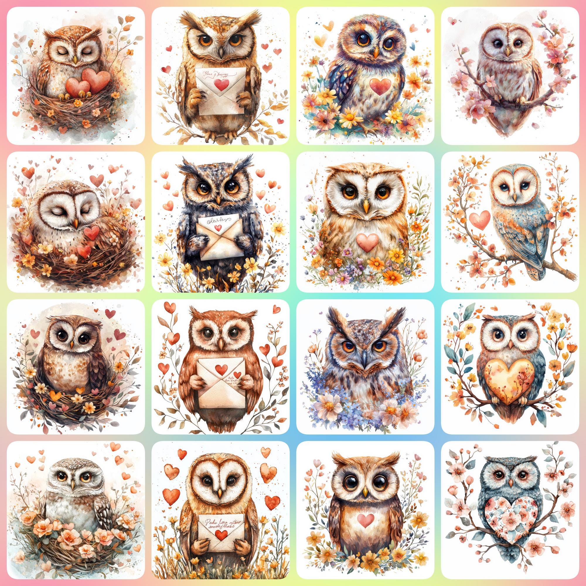 32 JPGs Watercolor animal valentines clipart, Cute owl clipart, Spring clipart, Valentines clipart, 
