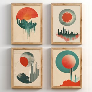 May include: Four framed prints with abstract geometric designs featuring a red circle with a gradient effect, a cityscape silhouette, and a green circle with a gradient effect. The prints have a vintage aesthetic with a beige background.