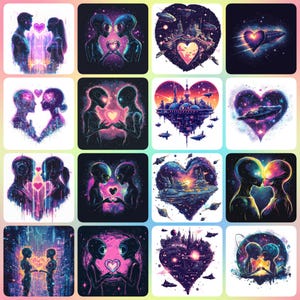 30 couples extraterrestres de science-fiction JPG de haute qualité pour la Saint-Valentin, des cliparts coeurs brillants d'amour, téléchargement numérique, fabrication de cartes, créations numériques en papier