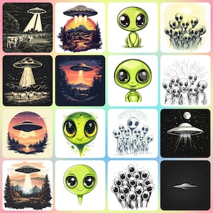 36 Alien Clipart, Aliens Clipart, UFO, Printable Watercolor clipart, High Quality JPGs, Digital download, Paper craft, junk journals