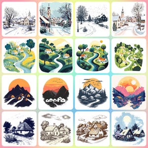 Village Scenes 40 JPGs - Digital Planner, Journaling, Watercolour, Wall Art, Commercial Use - Digital Download