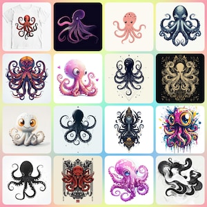 36 Octopus Clipart, Octopus Ink, Black White, Printable Watercolor clipart, High Quality JPG, Digital download, Paper craft, junk journals