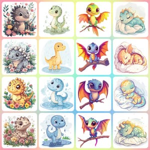 36 Cartoon Dinosaur Clipart, Baby Dinosaur, Printable Watercolor clipart, High Quality JPGs, Digital download, Paper craft, junk journal