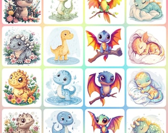 36 Cartoon Dinosaurier Clipart, Baby Dinosaurier, druckbare Aquarell Clipart, hochwertige JPGs, digitaler Download, Papiermodell, Junk Journal