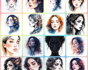40 imágenes prediseñadas de rostros de mujer, imágenes prediseñadas de arte lineal de rostros, imágenes prediseñadas de acuarela imprimibles, JPG de alta calidad, descarga digital, manualidades de papel, revistas basura