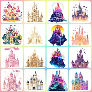 36 Princess Castle Clipart, Fairy Castle, Printable Watercolor clipart, High Quality JPGs, Digital download, Paper craft, Junk Journals