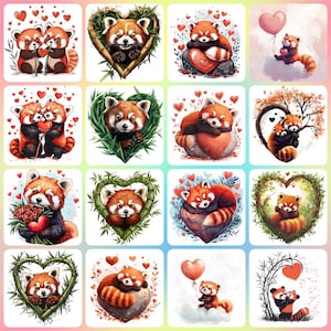 Clipart cadeau panda roux JPG de haute qualité de la Saint-Valentin, téléchargement numérique, fabrication de cartes, créations numériques en papier