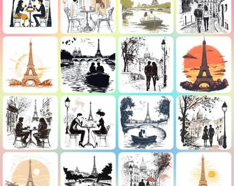 32 JPG Disegni di alta qualità di stampe ad acquerello squisite di Parigi romantica - Download digitale istantaneo