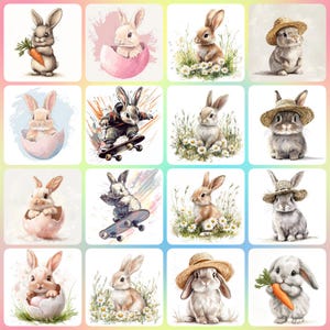 36 Puszysty Króliczek Clipart Set 2, Królik Clipart, Wydrukowalne Akwarele Clipart, Wysokiej Jakości JPG, Pobieranie Cyfrowe, Rękodzieło Papierowe, Dzienniki Śmieciowe