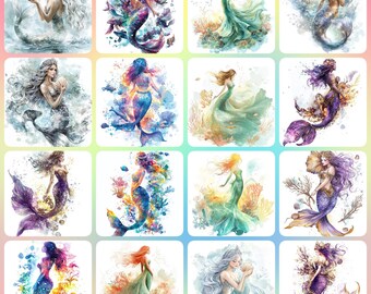 36 Watercolor Mermaid Clipart, Mermaid Fashion, Printable Watercolor clipart, High Quality JPG, Digital download, Paper craft, junk journals