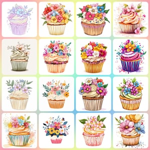 36 HIGH Resolution JPGs Spring Flowers Cupcake Clipart , Memory Books, Junk Journals, Scrapbooks, Planners, Commercial Use, Digital Download