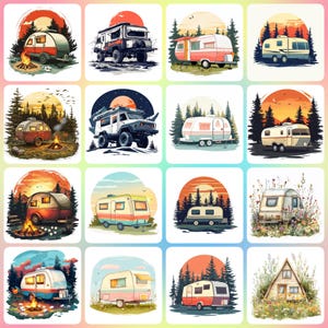 30 cliparts de remorque de camping, camping, voyages, clipart aquarelle imprimable, JPG de haute qualité, téléchargement numérique, créations en papier, journaux indésirables