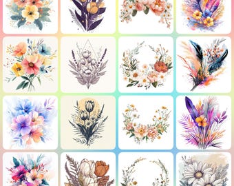 36 Boho Flowers Bouquet Clipart, Flowers Wall Art, Minimalistic, Printable Watercolor clipart, High Quality JPGs, Paper craft, junk journals